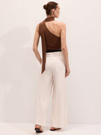 Asymmetric One-Shoulder Tie Neck Knit Top