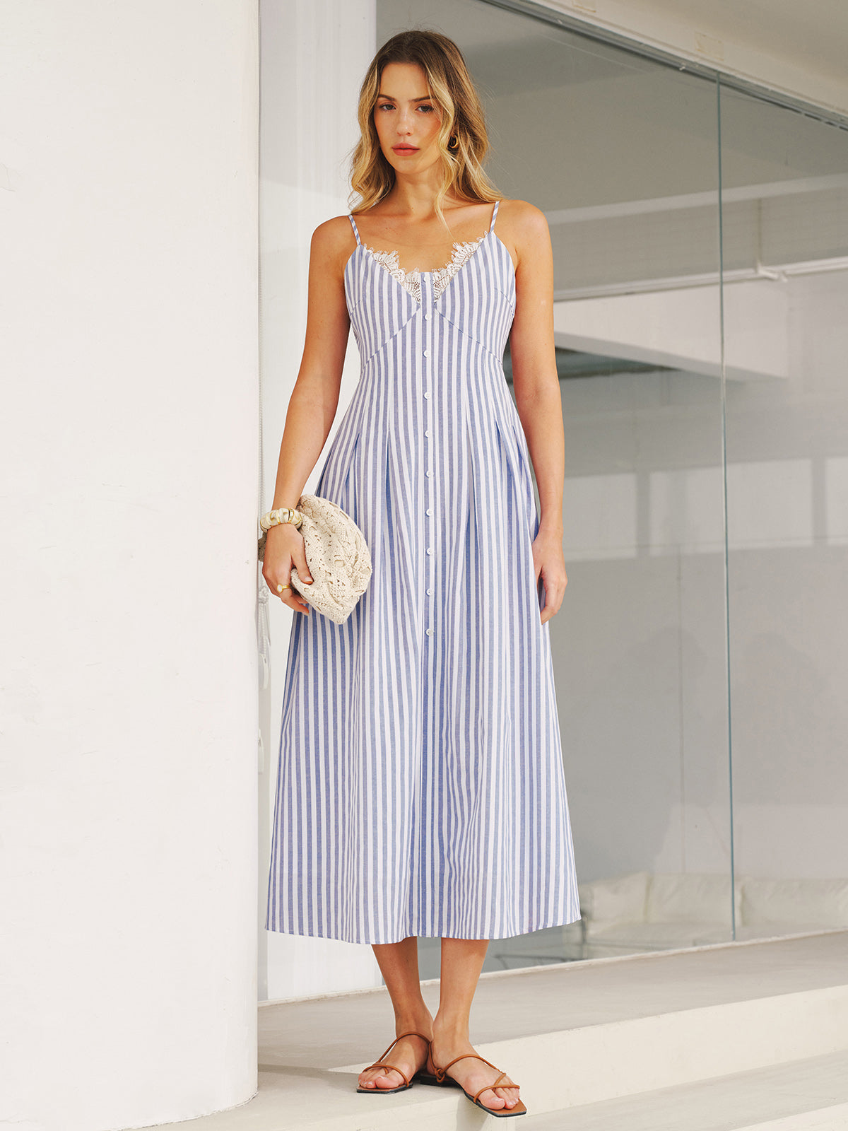 Lace Trim Striped Cami Maxi Dress
