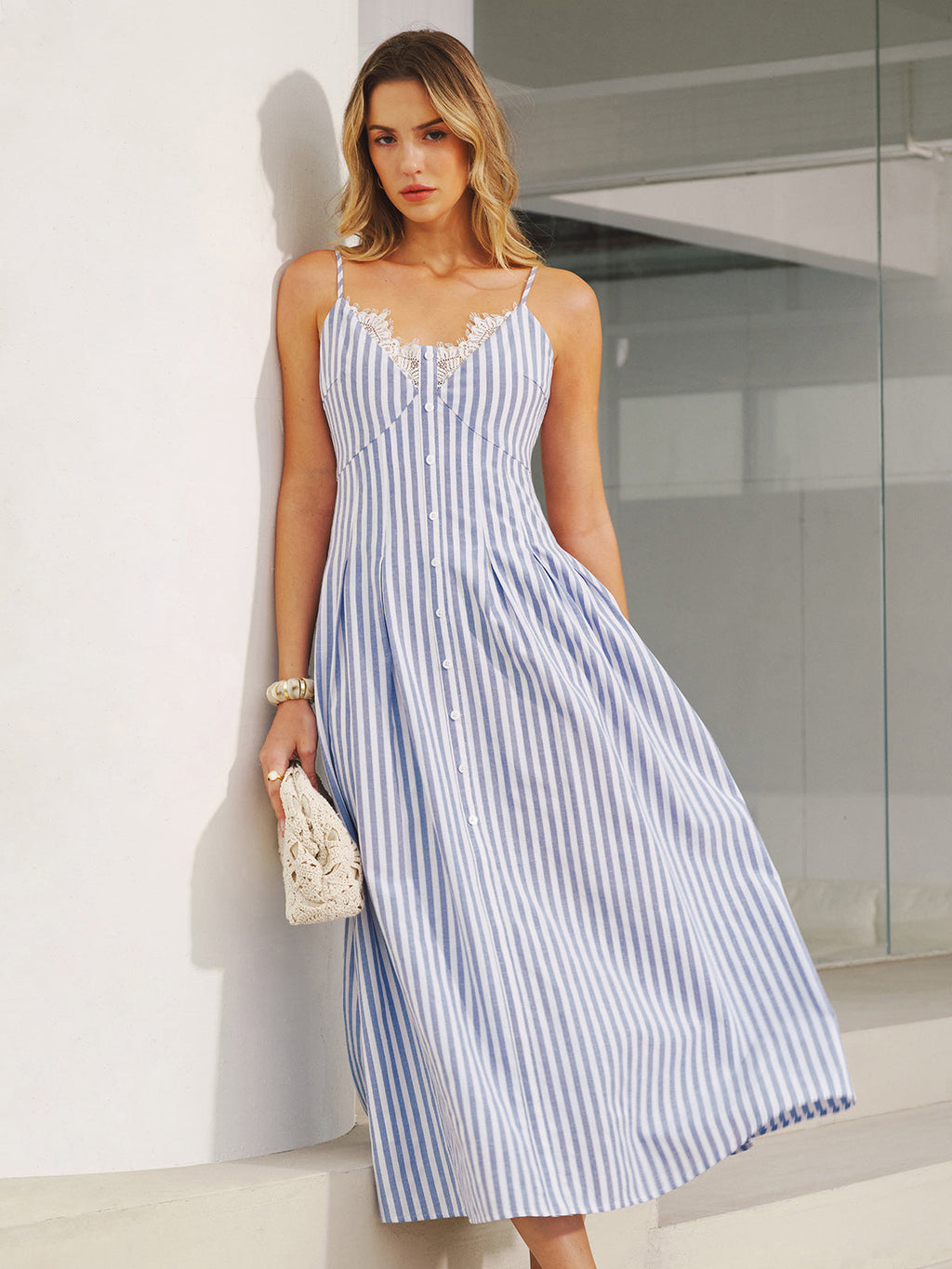 Lace Trim Striped Cami Maxi Dress