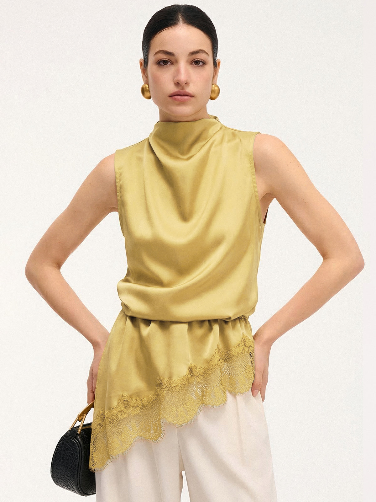 Lace Trim Satin Sleeveless Blouse