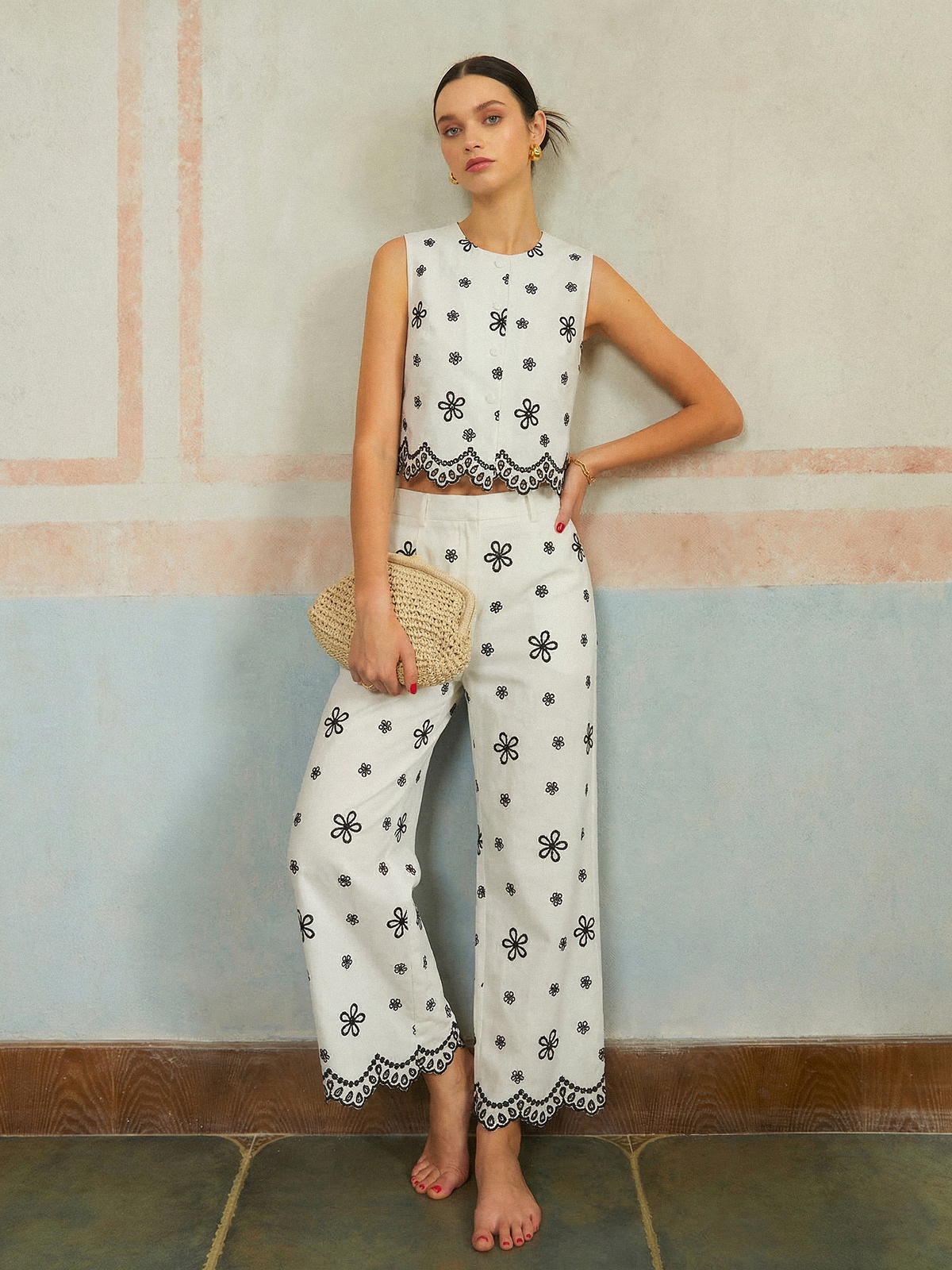 Embroidered Floral Cotton Top & Pants Set